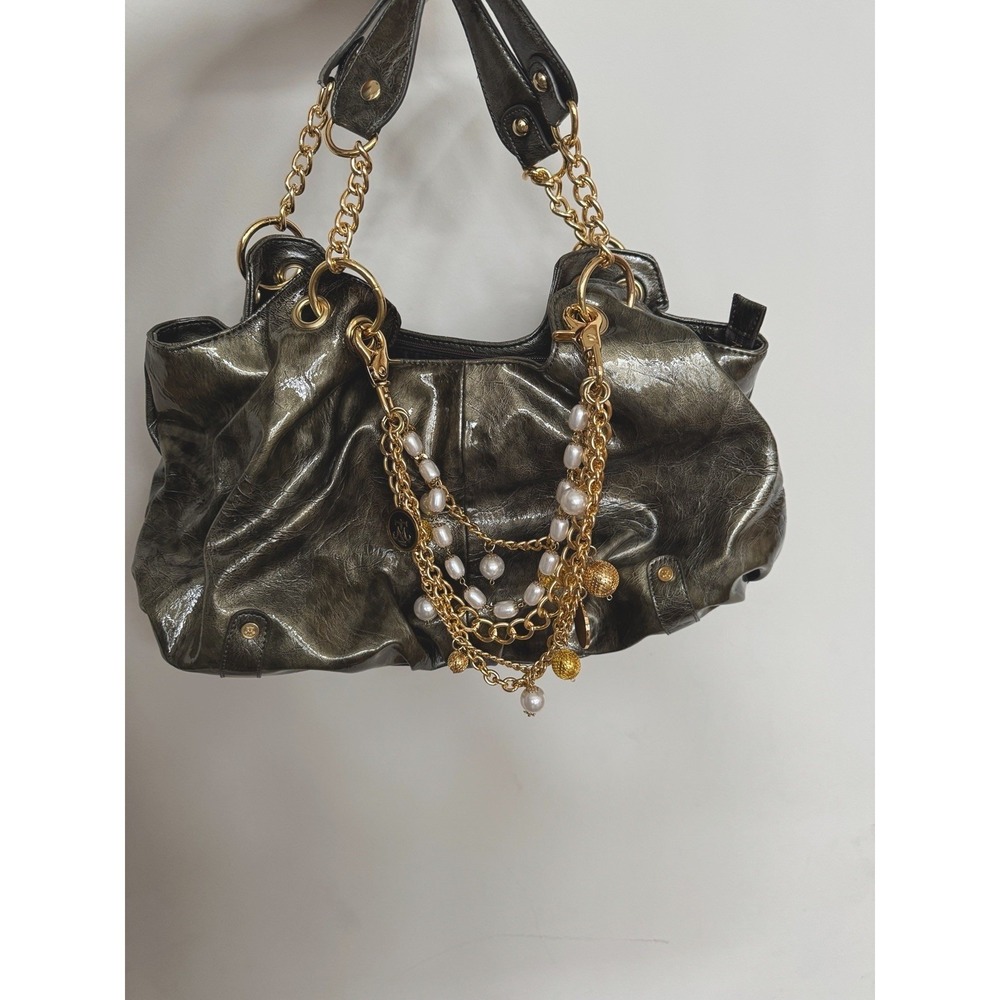 Women's Y2K Slouchy Hobo Patent Leather & Gold Chunky‎ Charm Green Purse Handbag